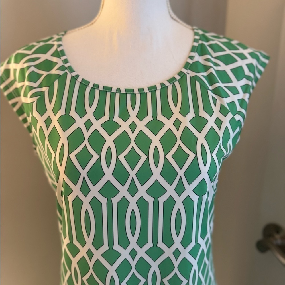Jean-Pierre Klifa Celtic Green White Cap Sleeves Stretch Sheath MIDI Size M NWOT - Picture 3 of 9